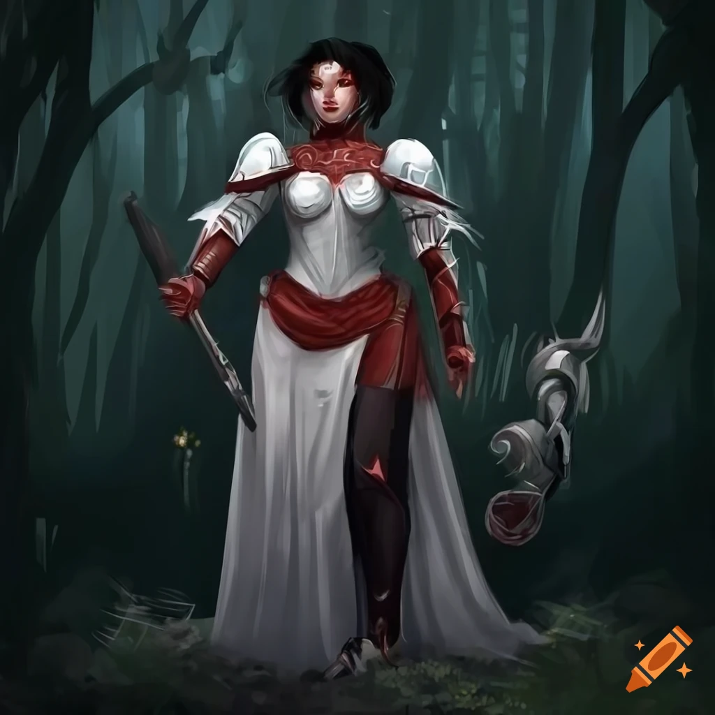 hyperdetailed fantasy art of a female warrior in a dark forest