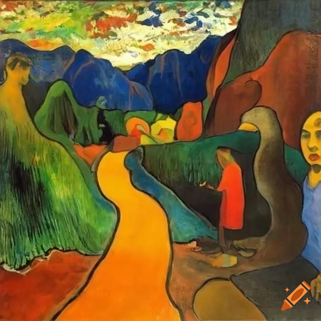 Vibrant painting of mountain scenery by Paul Gauguin
