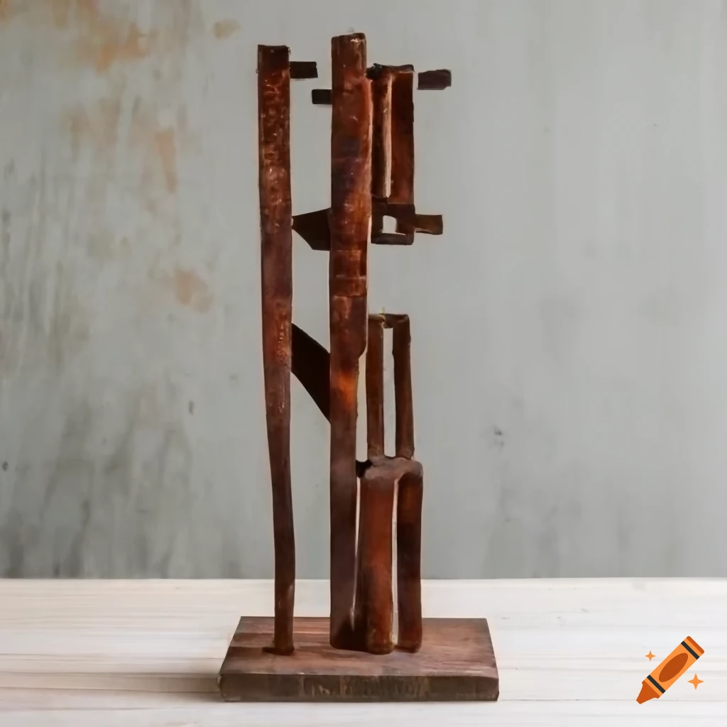 abstract rusted metal sculpture on wooden base