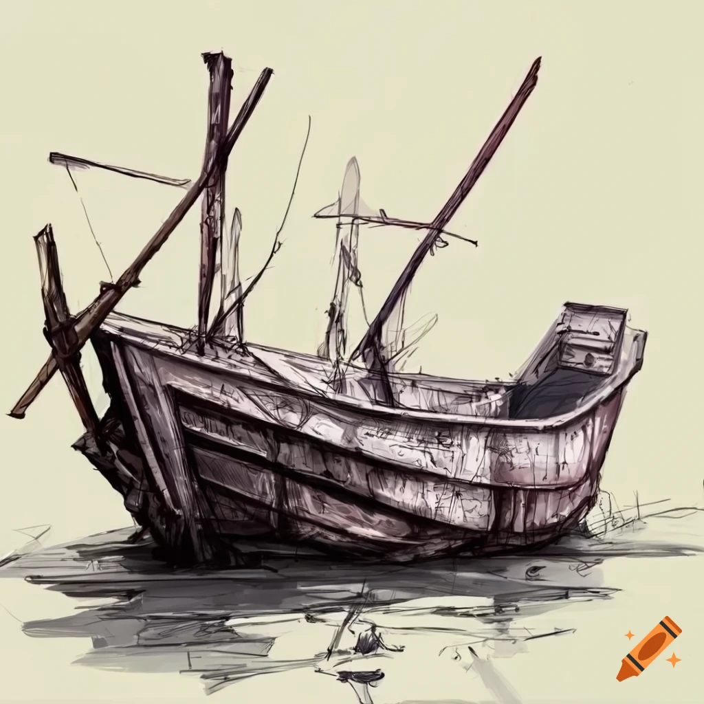 Pencil sketch of an abandoned fishing boat on Craiyon