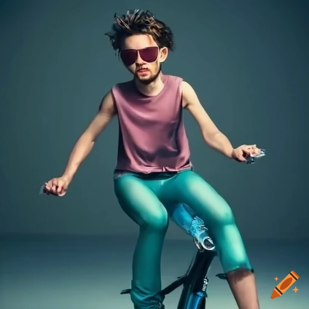 young man with sunglasses riding a futuristic bike
