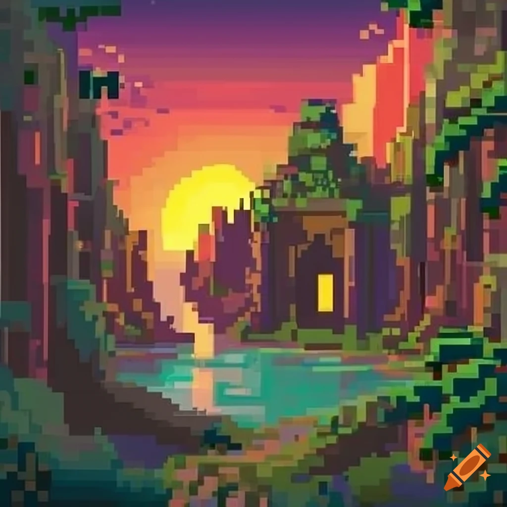 pixel art of a sunset in a lost temple