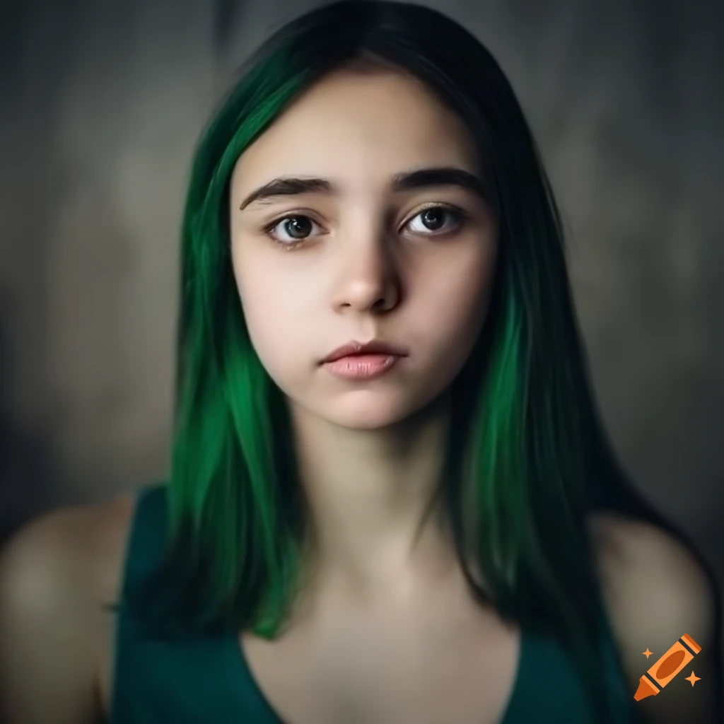 Portrait of a young woman with black and green hair on Craiyon