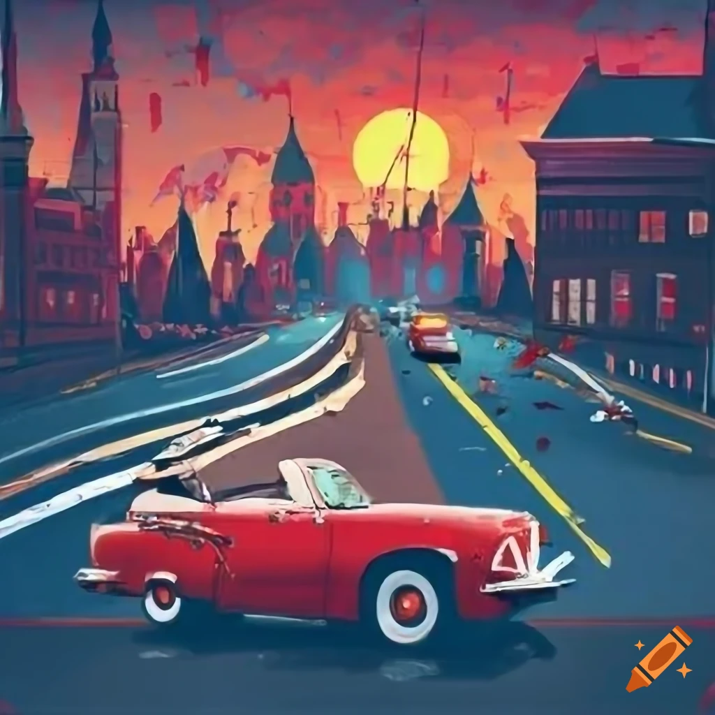 cover art of a school with a crashed classic car