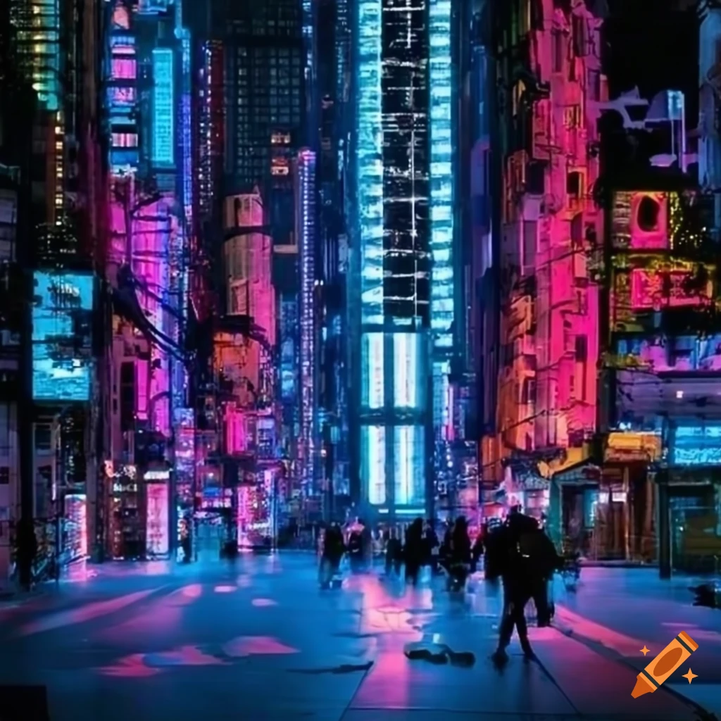 Neon lights in a futuristic city on Craiyon