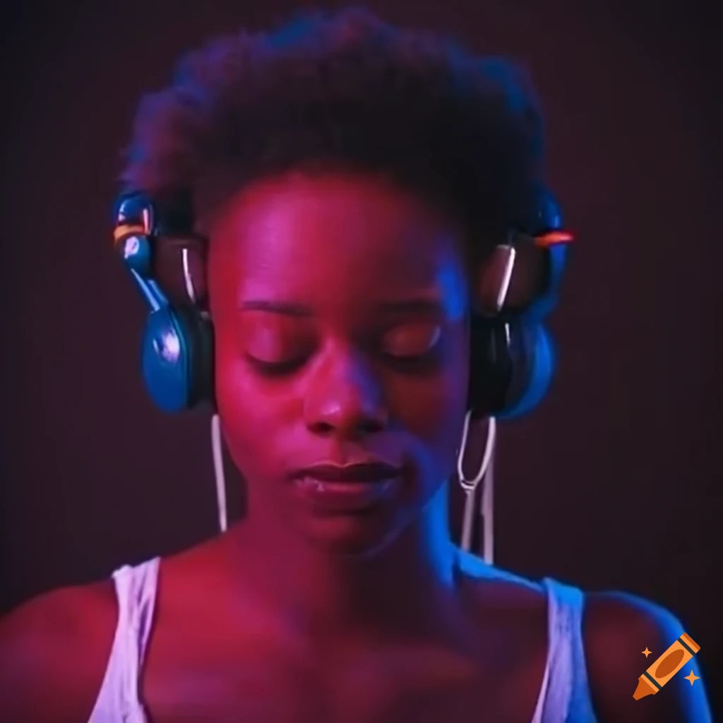 Person enjoying music with closed eyes and neon lights