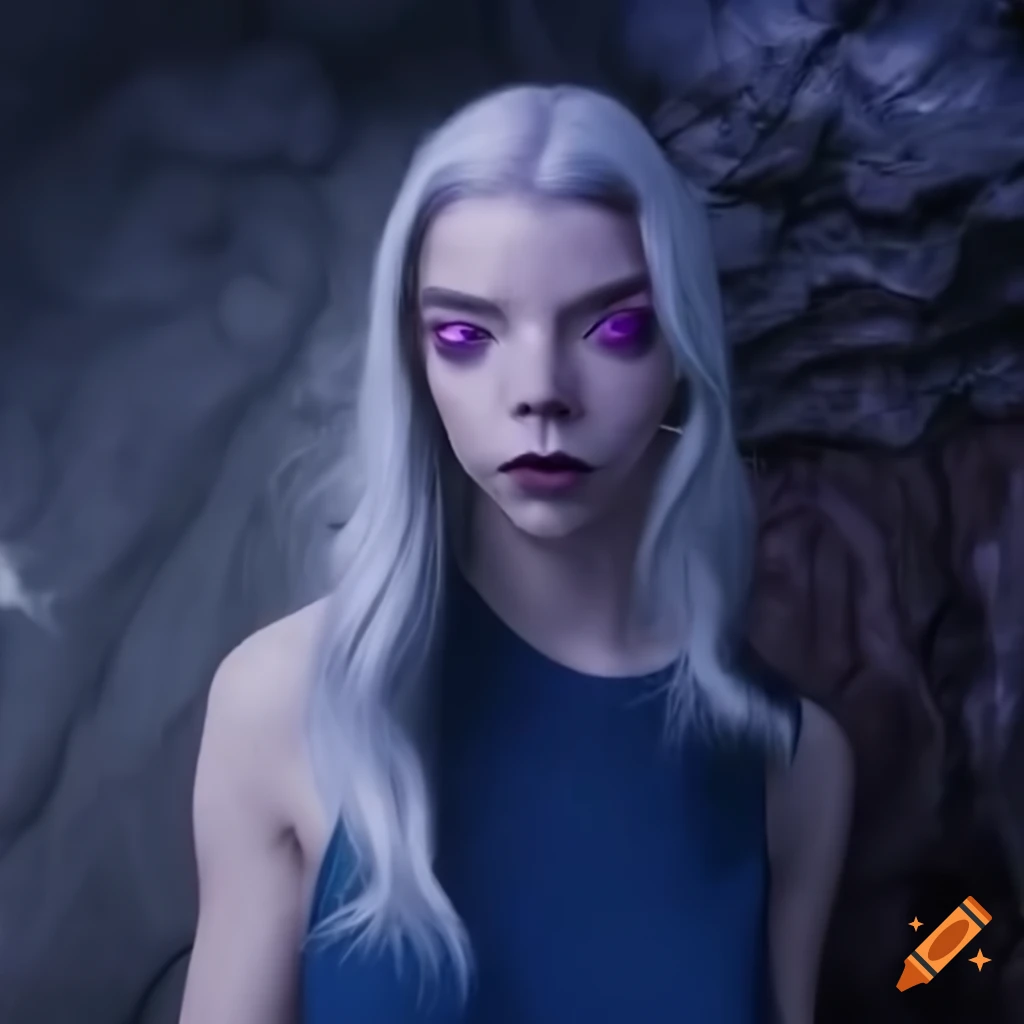 Digital Art Of A Dark Blue Skinned Alien Girl With Purple Eyes And White Hair 