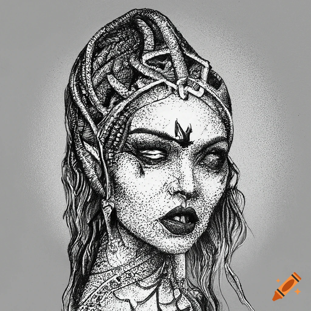 Black and white illustration of a sorceress on Craiyon