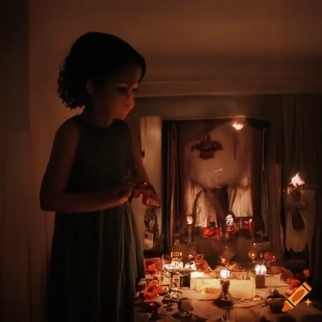 wide shot of a Dia de los Muertos scene with horror atmosphere