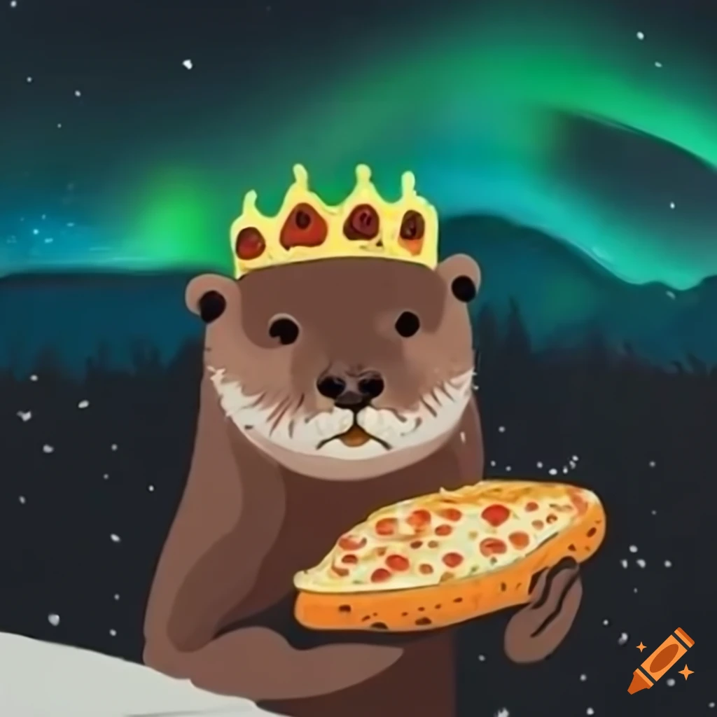Asian small clawed otter eating cheese pizza in snowy landscape under northern lights