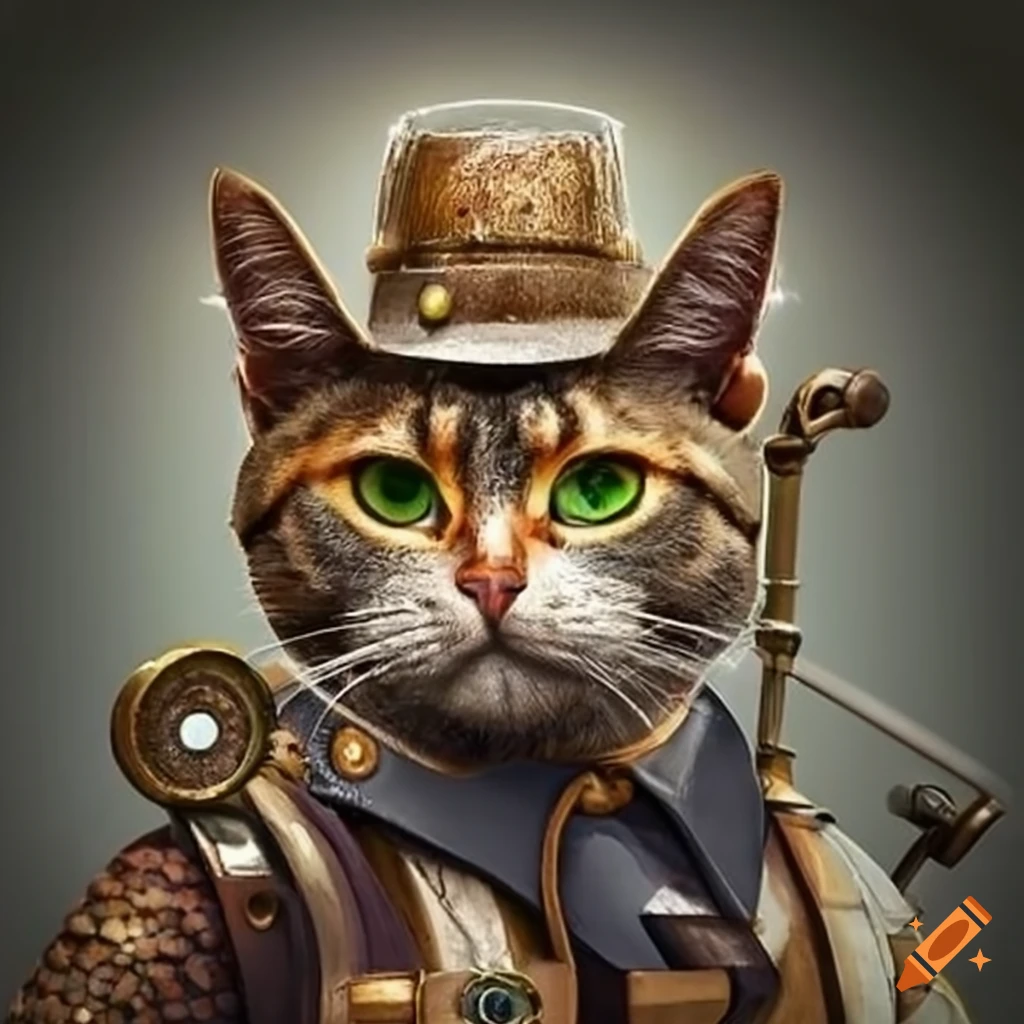 Maine coon cat with steampunk decor and outfit in a gothic room on Craiyon