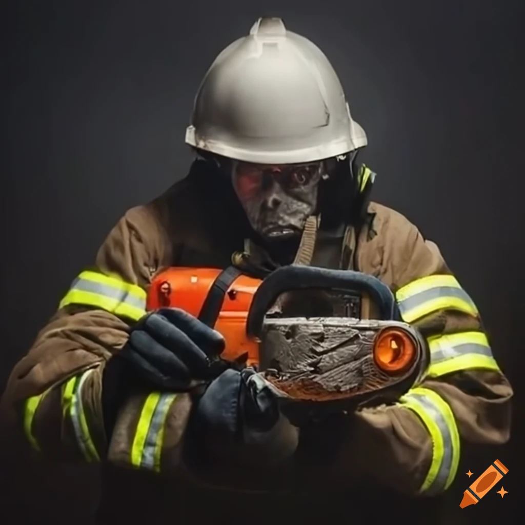 German firefighter working with chainsaw during thunderstorm on Craiyon
