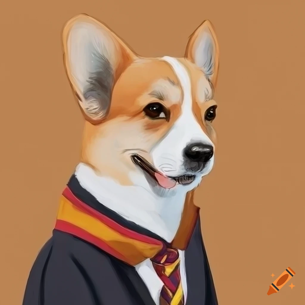 detailed drawing of a baby corgi in Gryffindor uniform