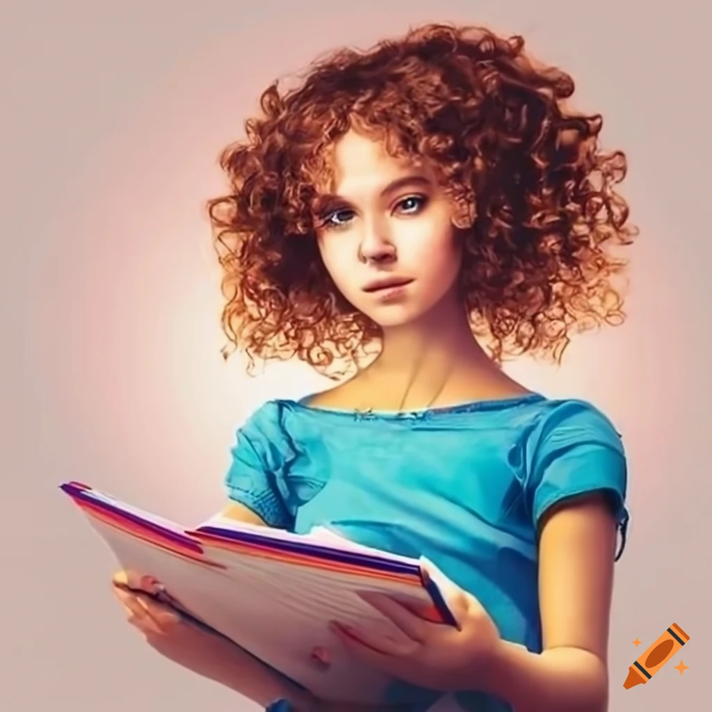 curly-haired girl studying English