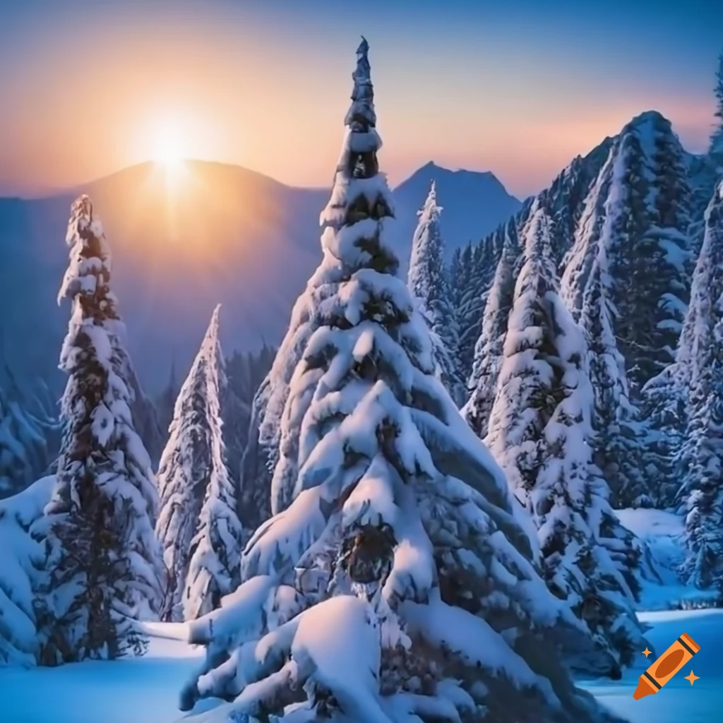 sunlit snow-covered forest in the mountains