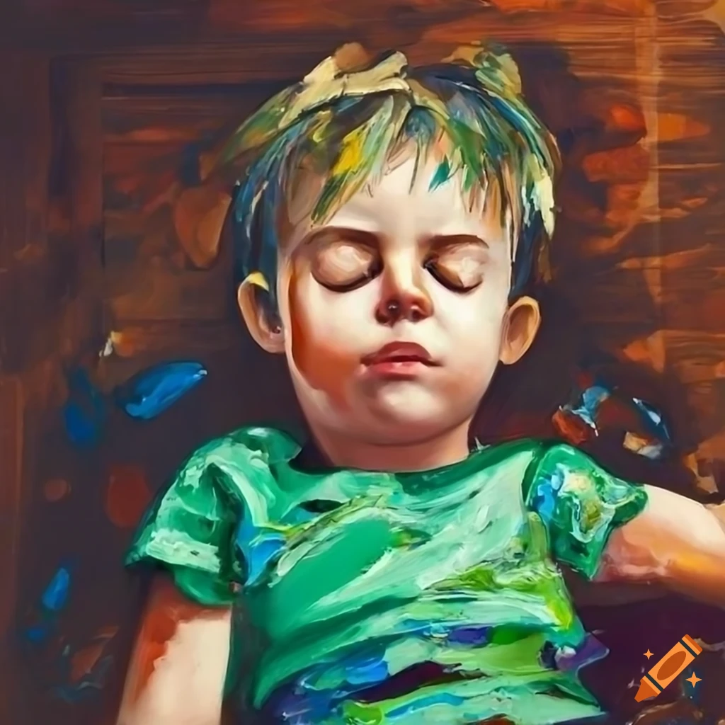 painting of a toddler lying unconscious on the floor
