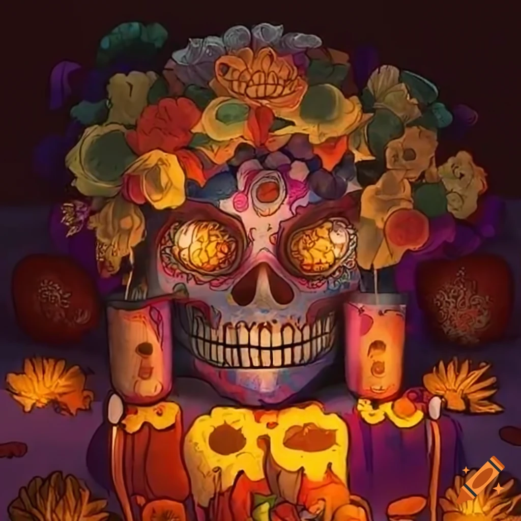 colorful dia de los muertos ofrenda artwork