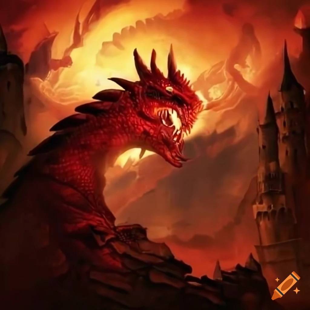 Illustration of a red dragon attacking a castle on Craiyon