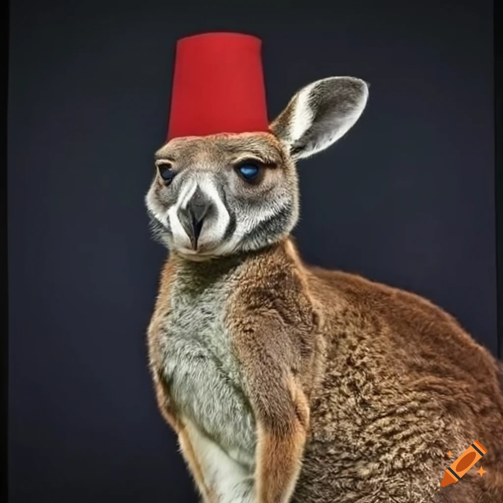 portrait of a kangaroo wearing a fez