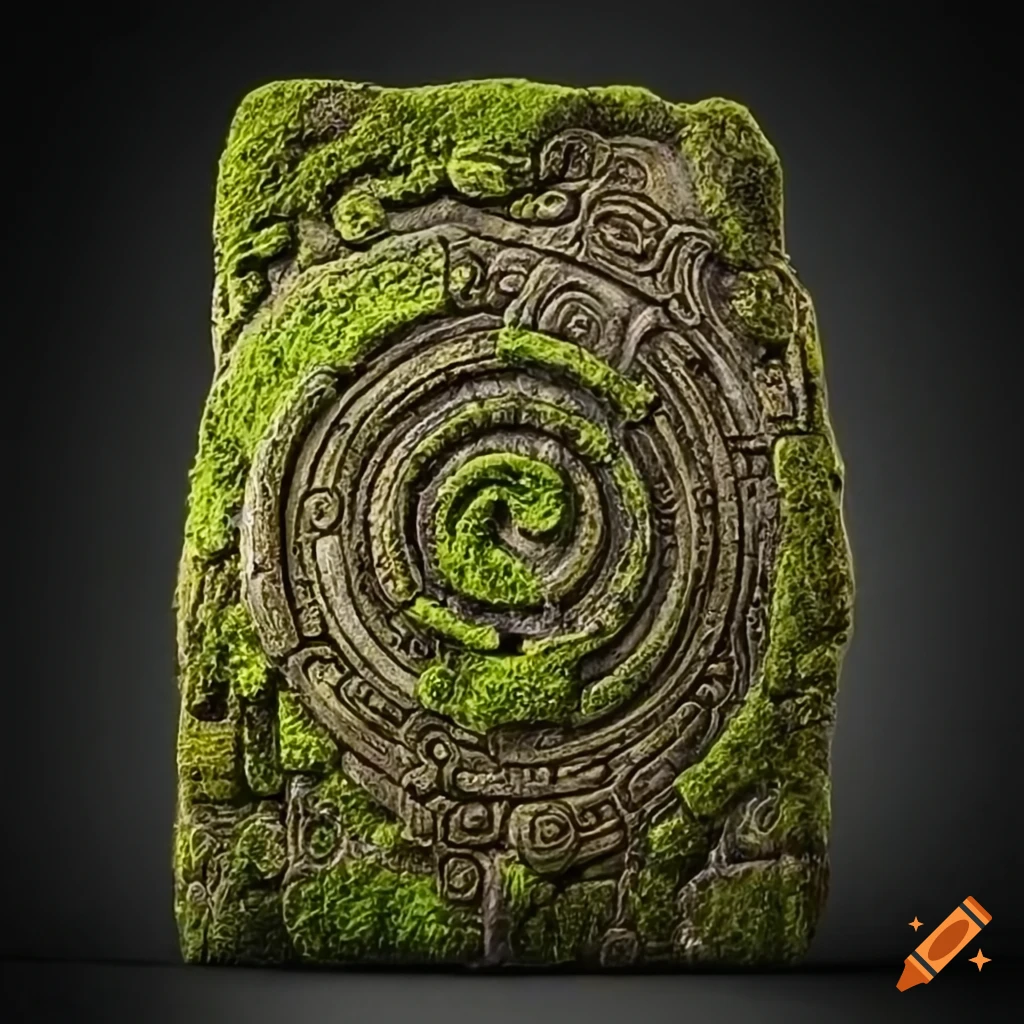 Mayan-style labyrinth carved on moss-covered stone slab