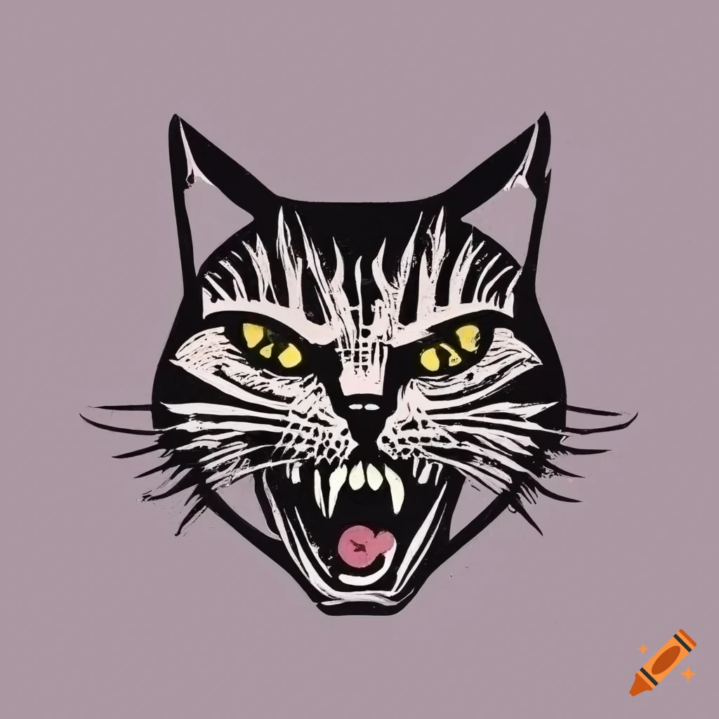Minimalist linocut style logo of an angry cat