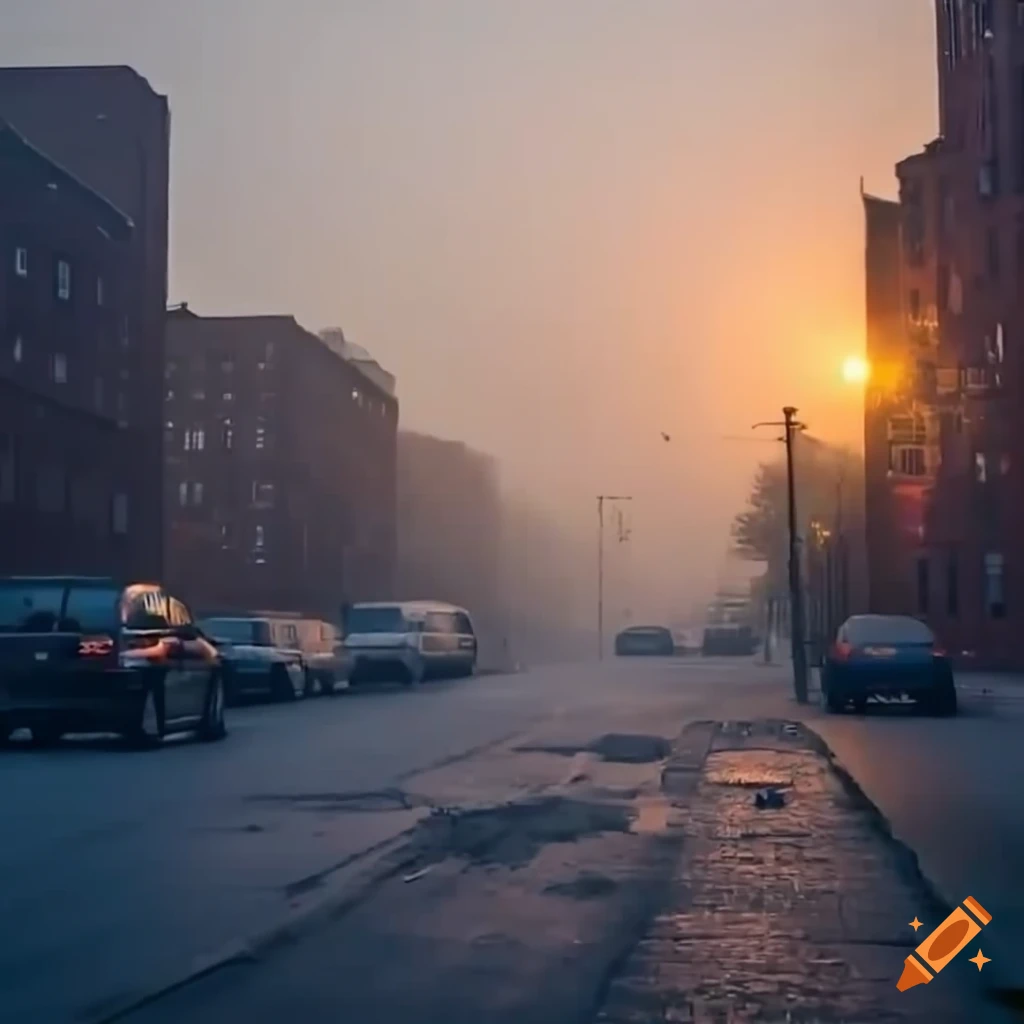 detailed foggy street in the Bronx at dawn