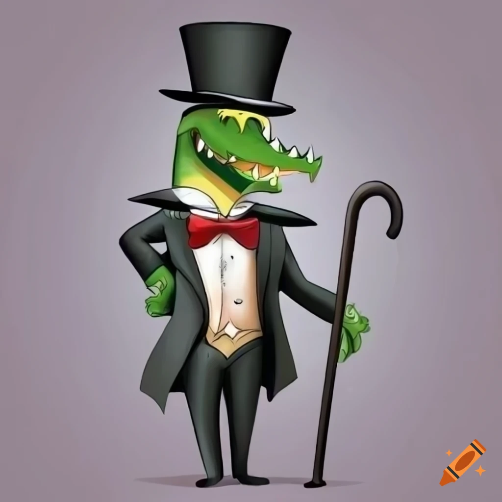 cartoon crocodile in a fancy tuxedo and top hat