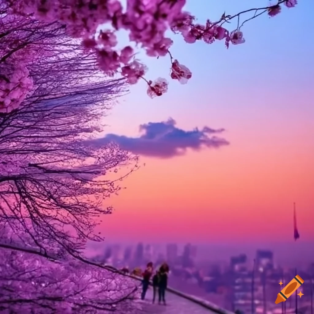 Purple and pink sunset with cherry blossoms on Craiyon