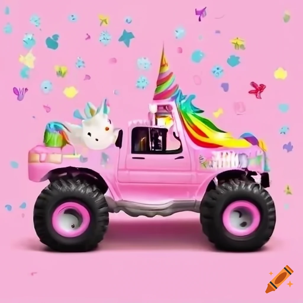 adorable unicorn driving a pink monster truck with birthday decorations