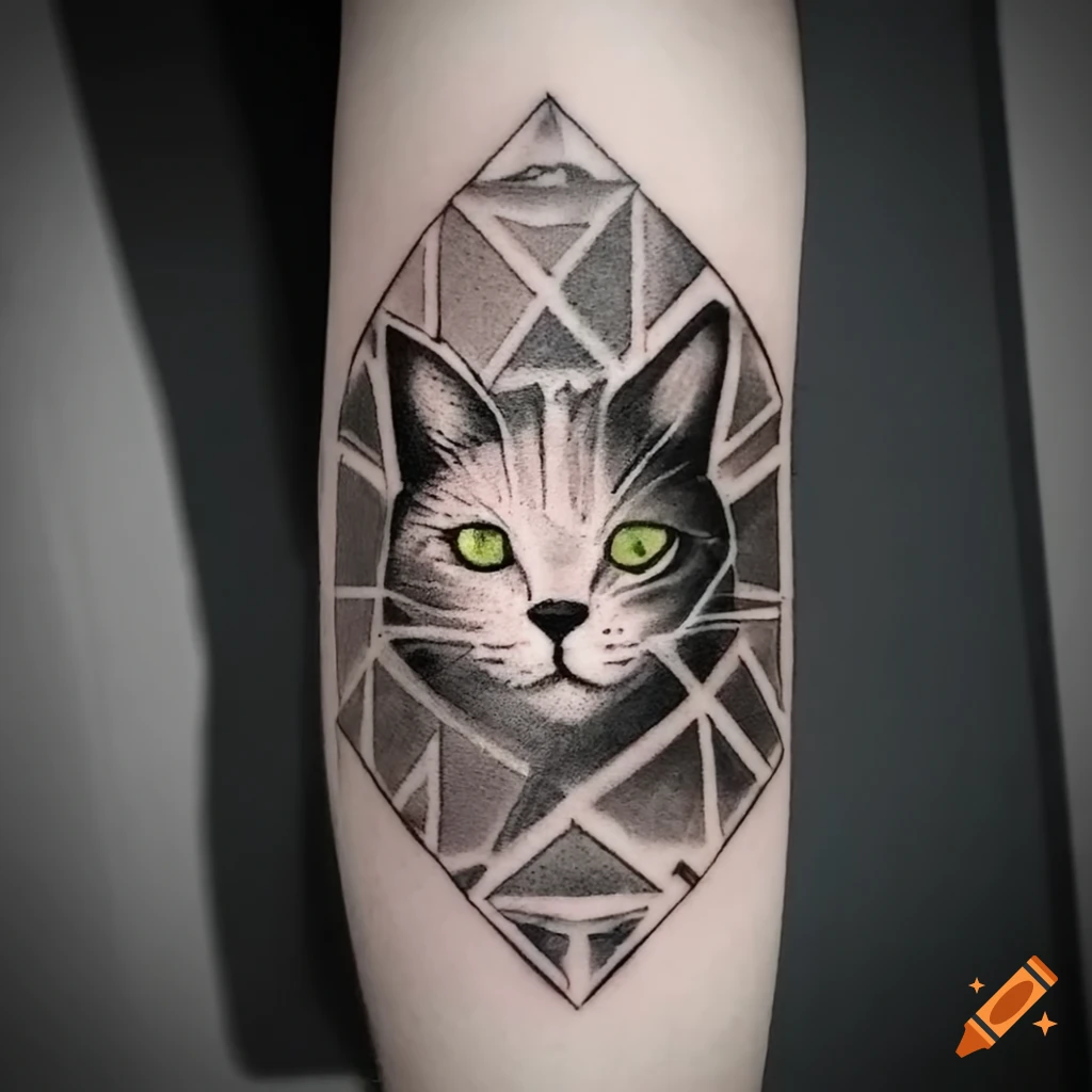 geometric tattoo of a cat with Gemini symbol and castle