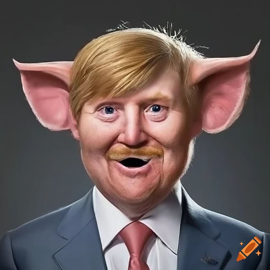 Humorous image of a transformed pig resembling willem alexander