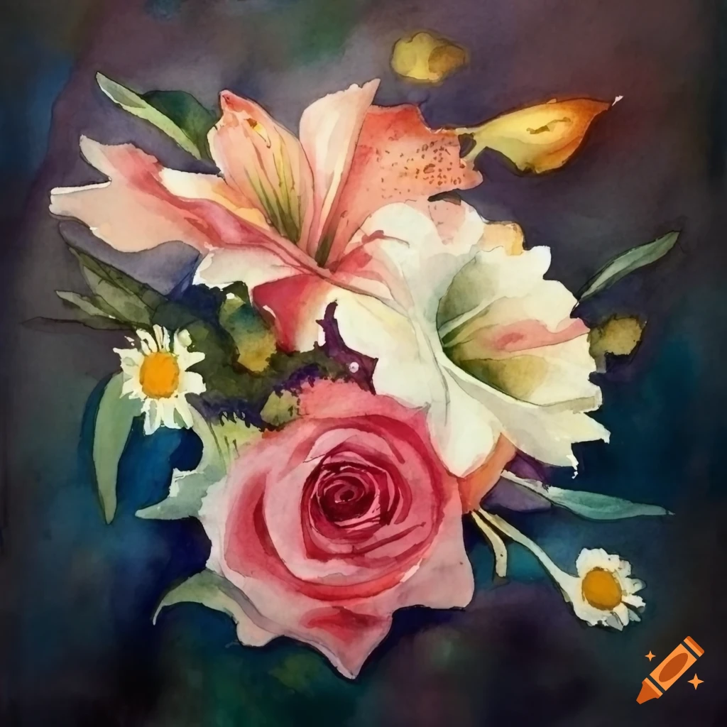 watercolor bouquet of lilies, roses, daisies