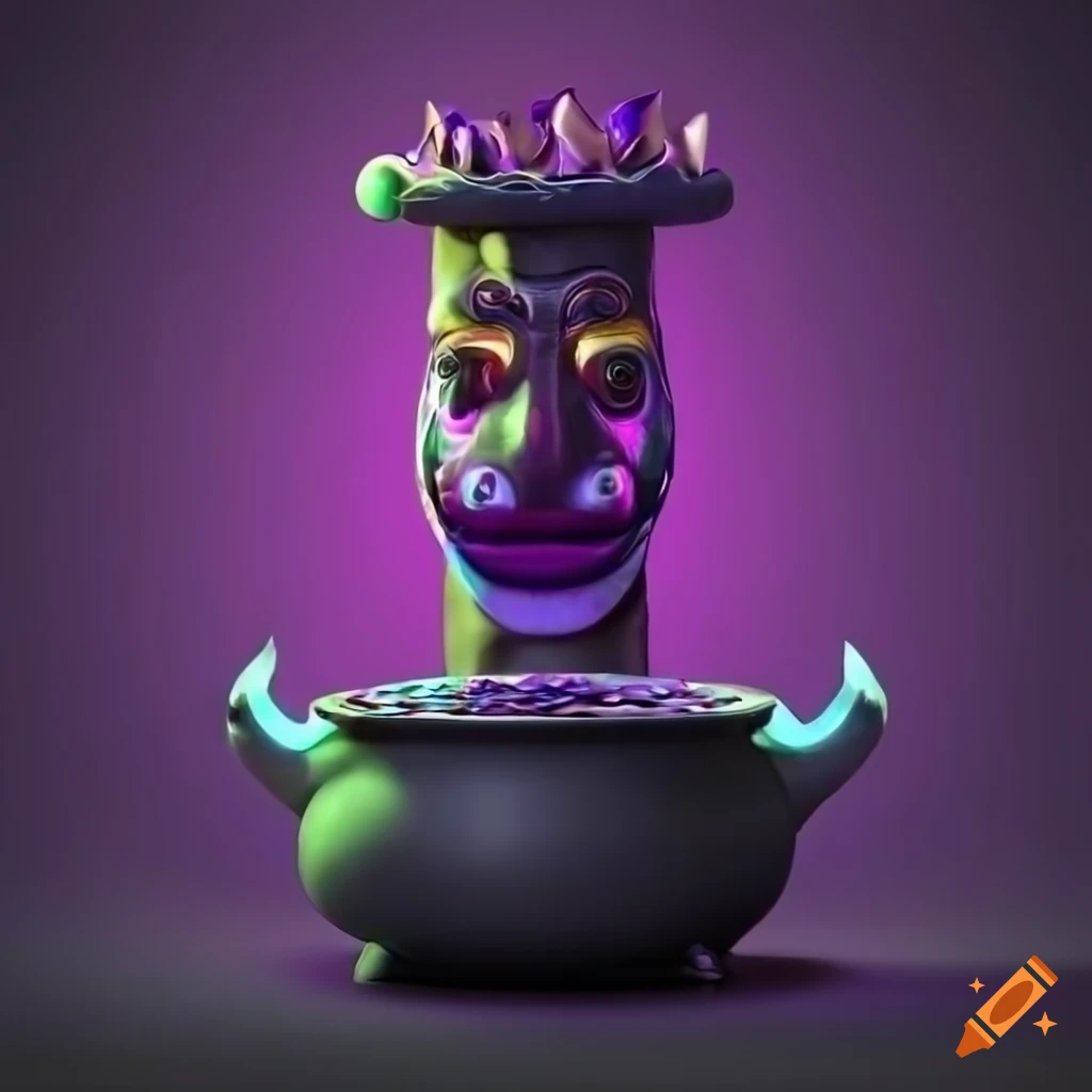 3D render of an African totem pole with bubbling cauldron