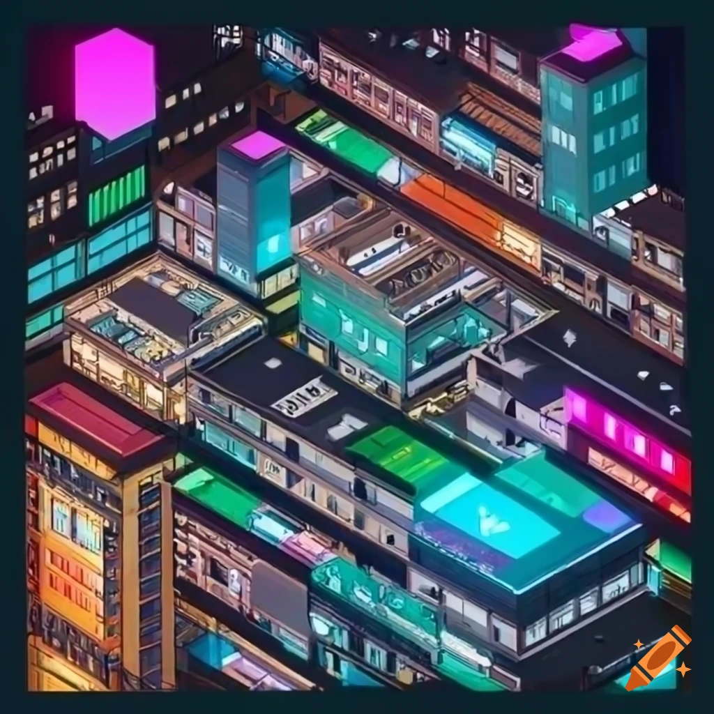 isometric view of a city with colorful lighting