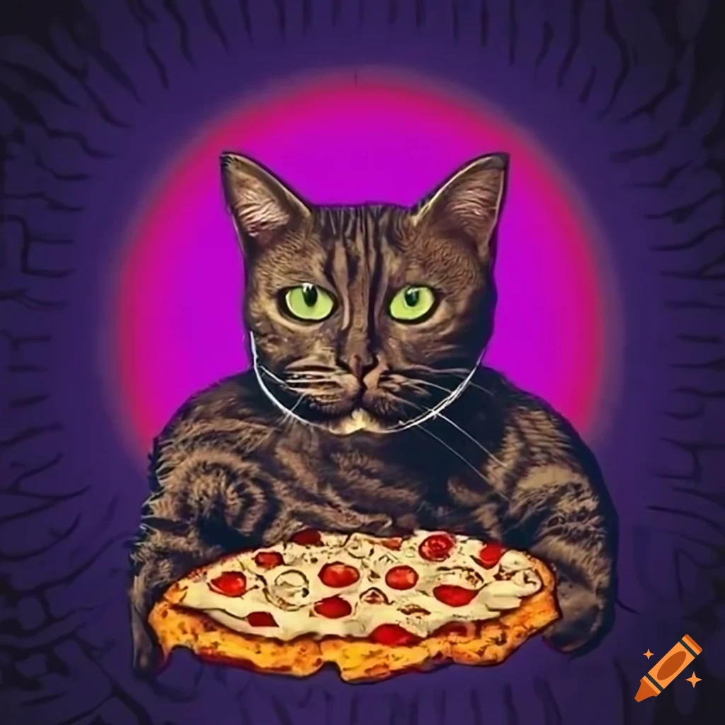 cat eating pizza with a psychedelic background