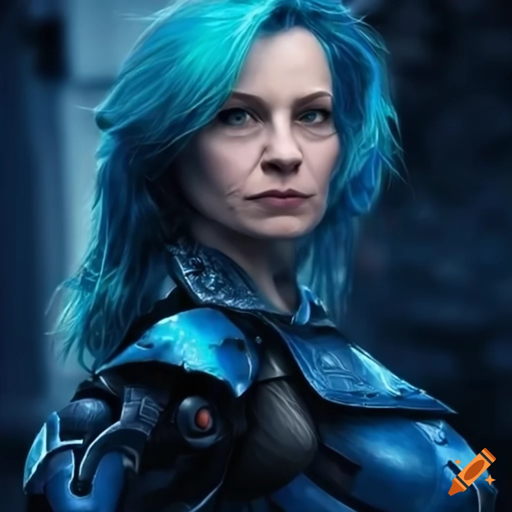 Character Design Of A Middle aged Woman With Blue Hair In Spacetech 