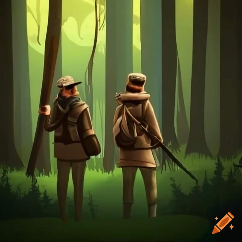 two friends hunting in a forest
