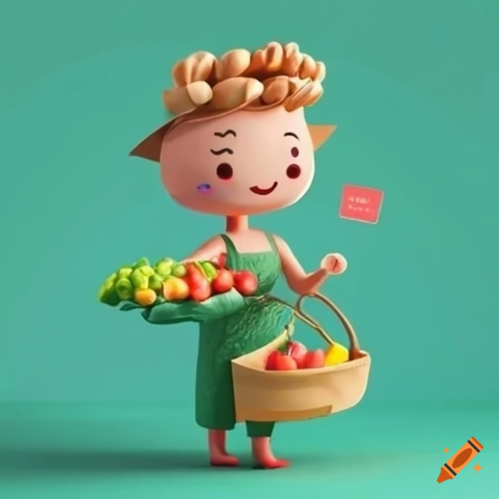 3D illustration of a farmer selling vegetables at a market
