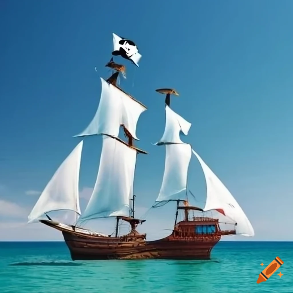 pirate ship with white sail on sunny beach
