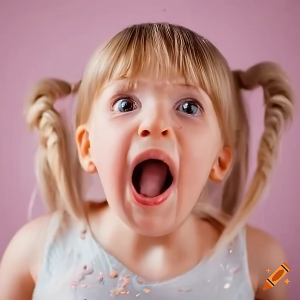 toddler girl with blonde pigtails surprised with white slime
