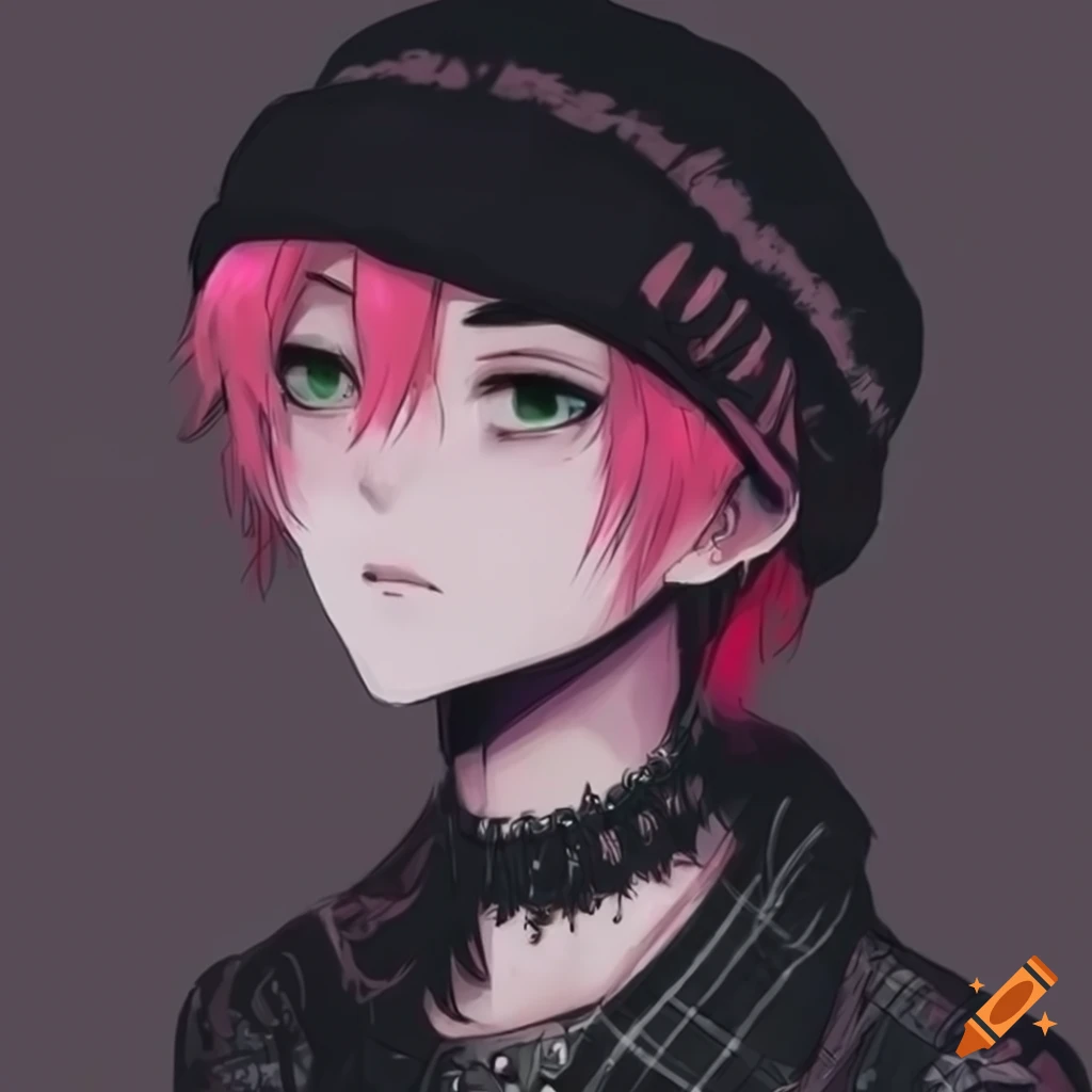 grunge anime boy with pink hair and black beanie