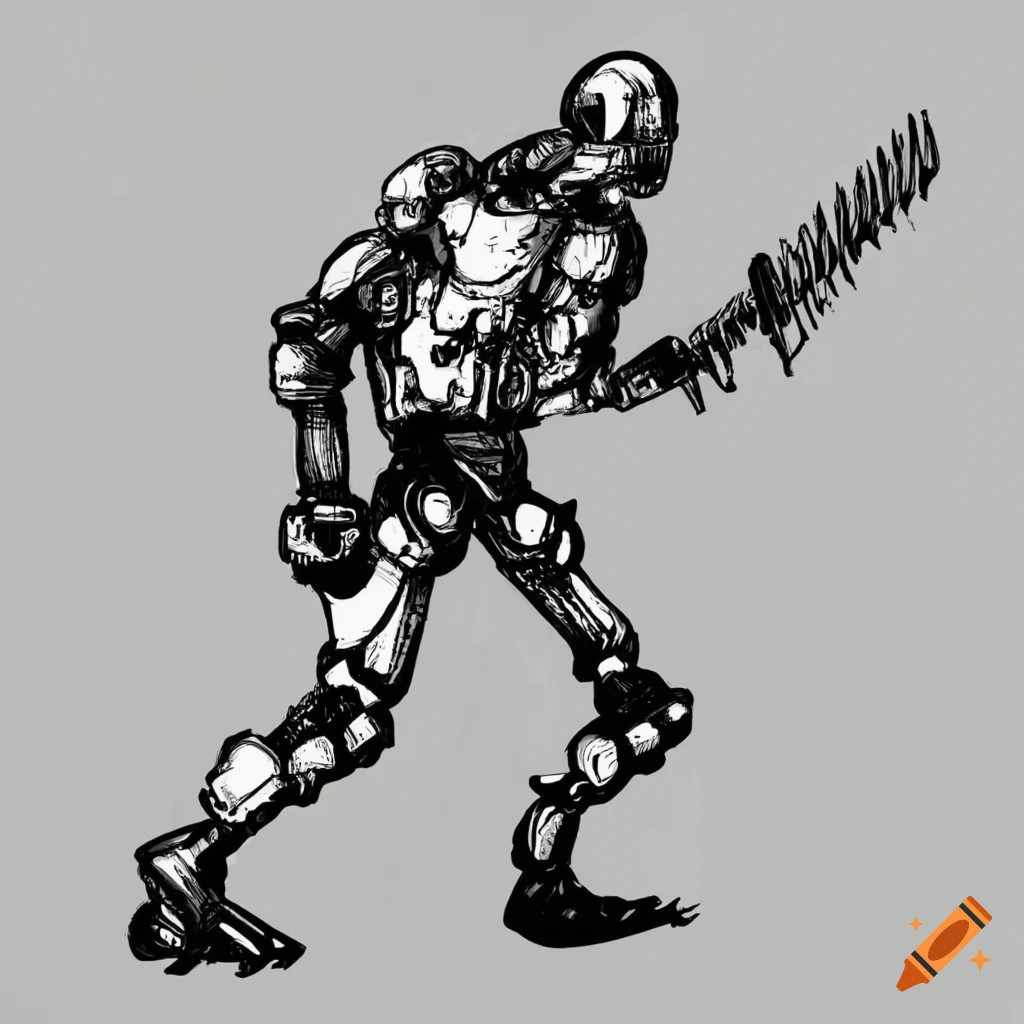 sketch of a creepy circular-saw-armed cyborg