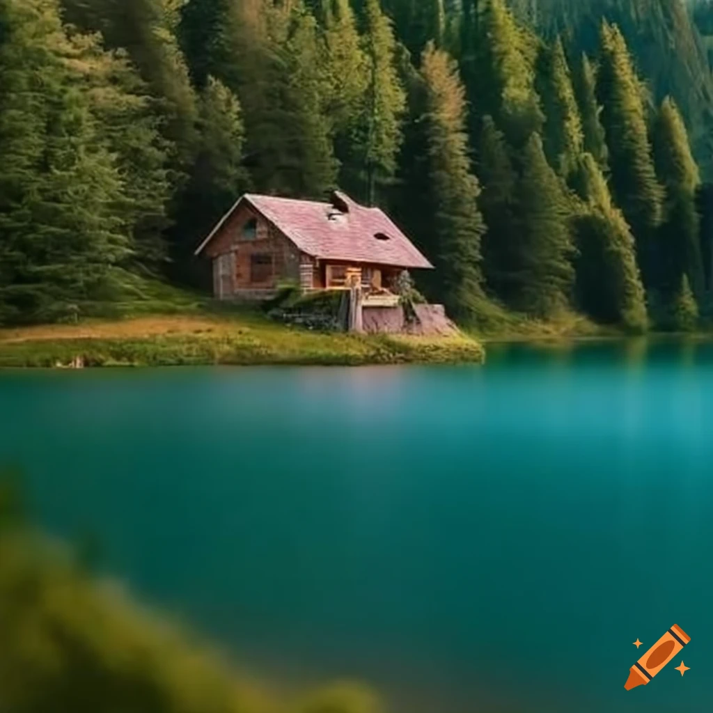 Small shabby cabin with porch by a lake in a grassy valley surrounded