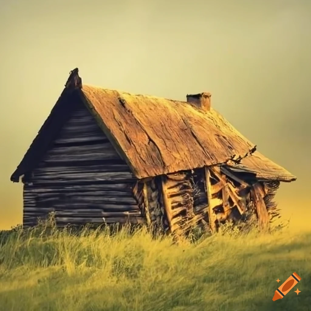 photo of a collapsed timber cottage on a grassland