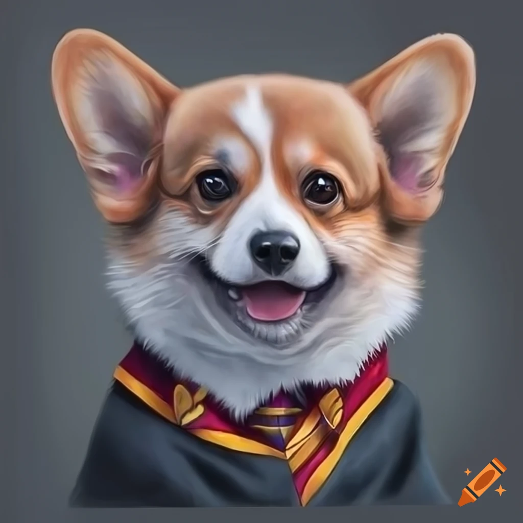 hyper realistic drawing of a baby corgi in Gryffindor robe
