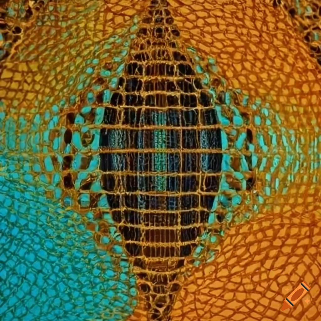 ochre and turquoise abstract art with network mesh elements