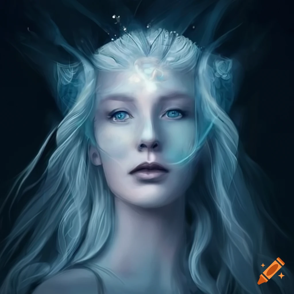 Ethereal depiction of a nordic goddess with flowing white hair