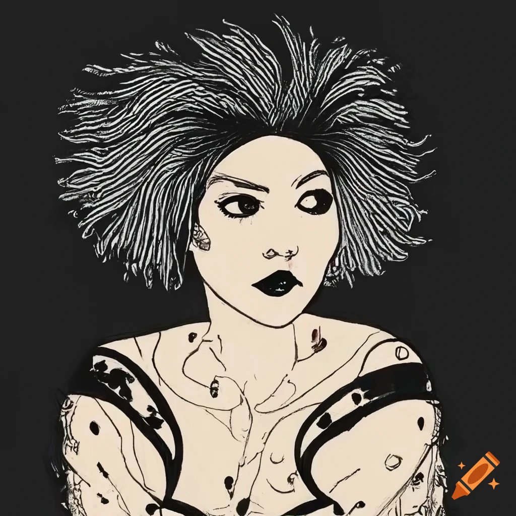 chicana punk rocker portrait in Aubrey Beardsley style