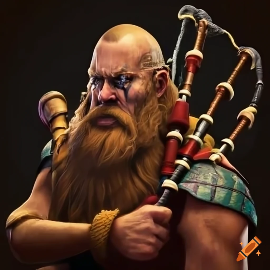 Lively vikings playing bagpipes in a pub on Craiyon