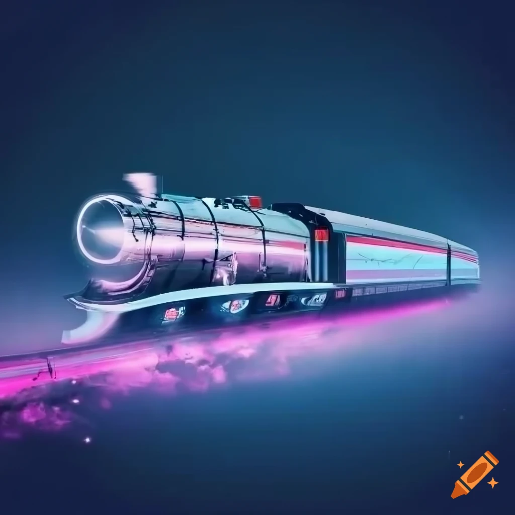 Photorealistic side view of a futuristic steam train in space on Craiyon